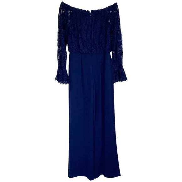 ADRIANNA PAPELL Off Shoulder Crepe Jumpsuit With Lace Bodice Navy Blue Size 2 - Picture 3 of 10
